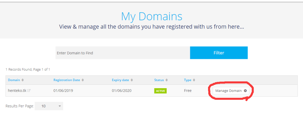 画面上の Service > My Domains で、自分が取得したドメインのリストが表示